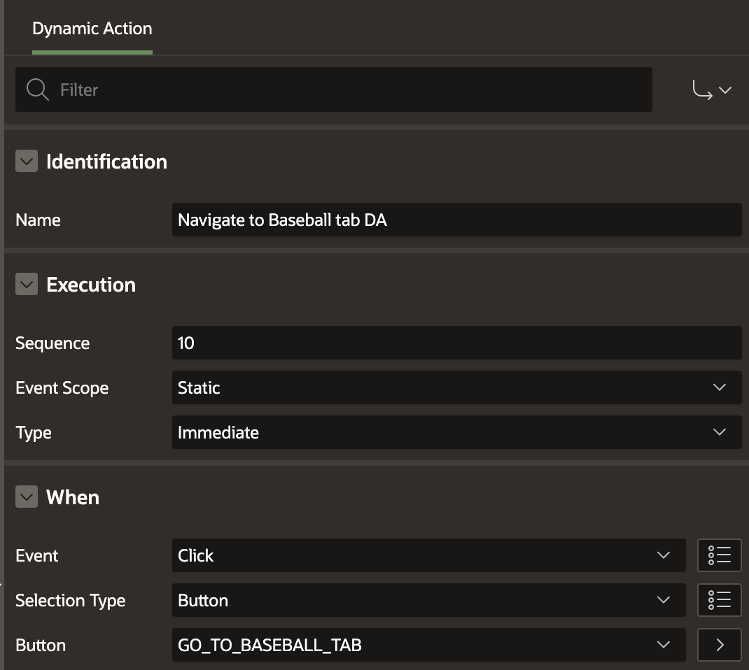 A screenshot of the Dynamic Action details in the Oracle APEX page builder.