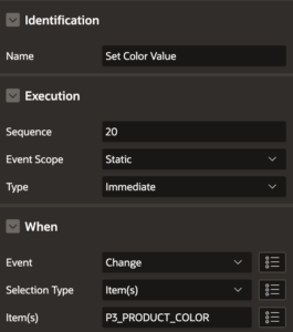 Screenshot from Oracle APEX: Defining the Set Color Value dynamic action.