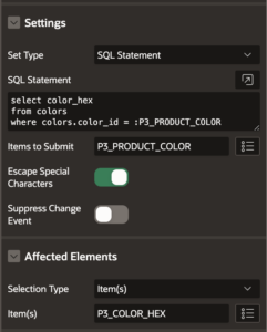 Screenshot from Oracle APEX: SQL statement for setting the select list background color