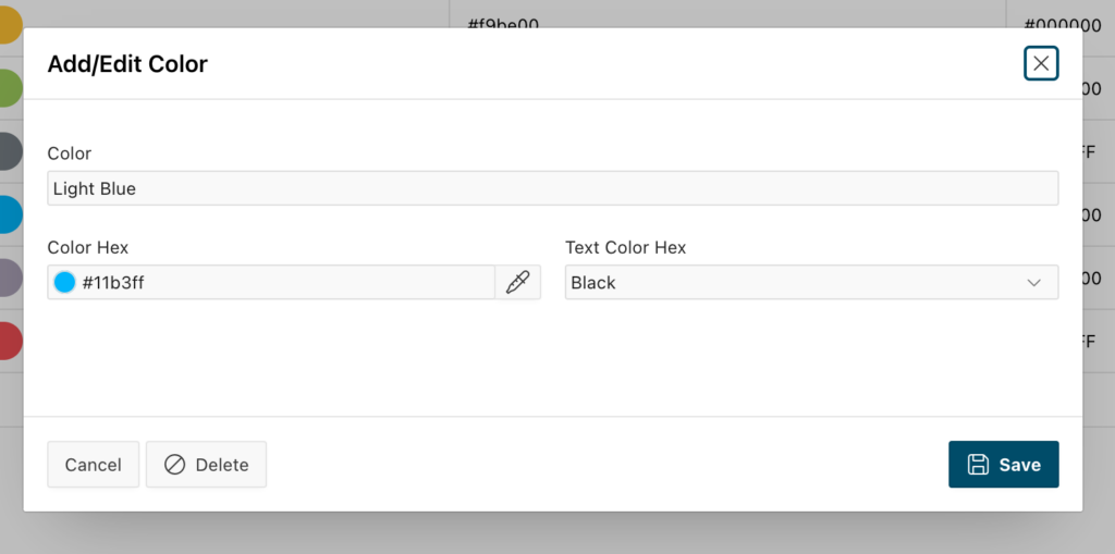 Screenshot of Oracle APEX demo app: Add/Edit Color