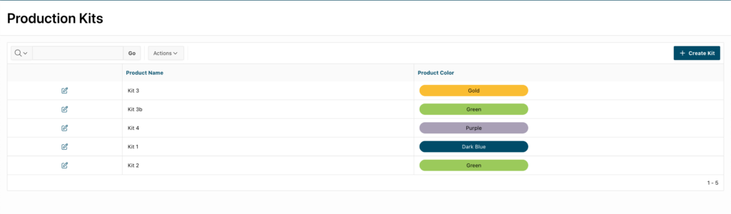 Screenshot from Oracle APEX: Interactive report of Production Kits with Product Colors