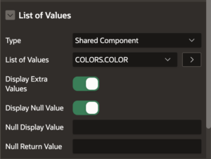 Screenshot from Oracle APEX: Using the LOV shared component of the COLORS table